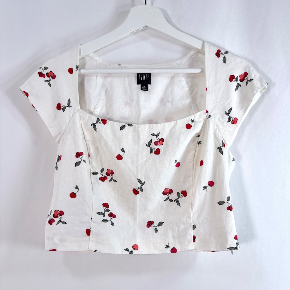 Gap Cherry Print Crop Top White Linen Blend Square Neck Medium Petite
